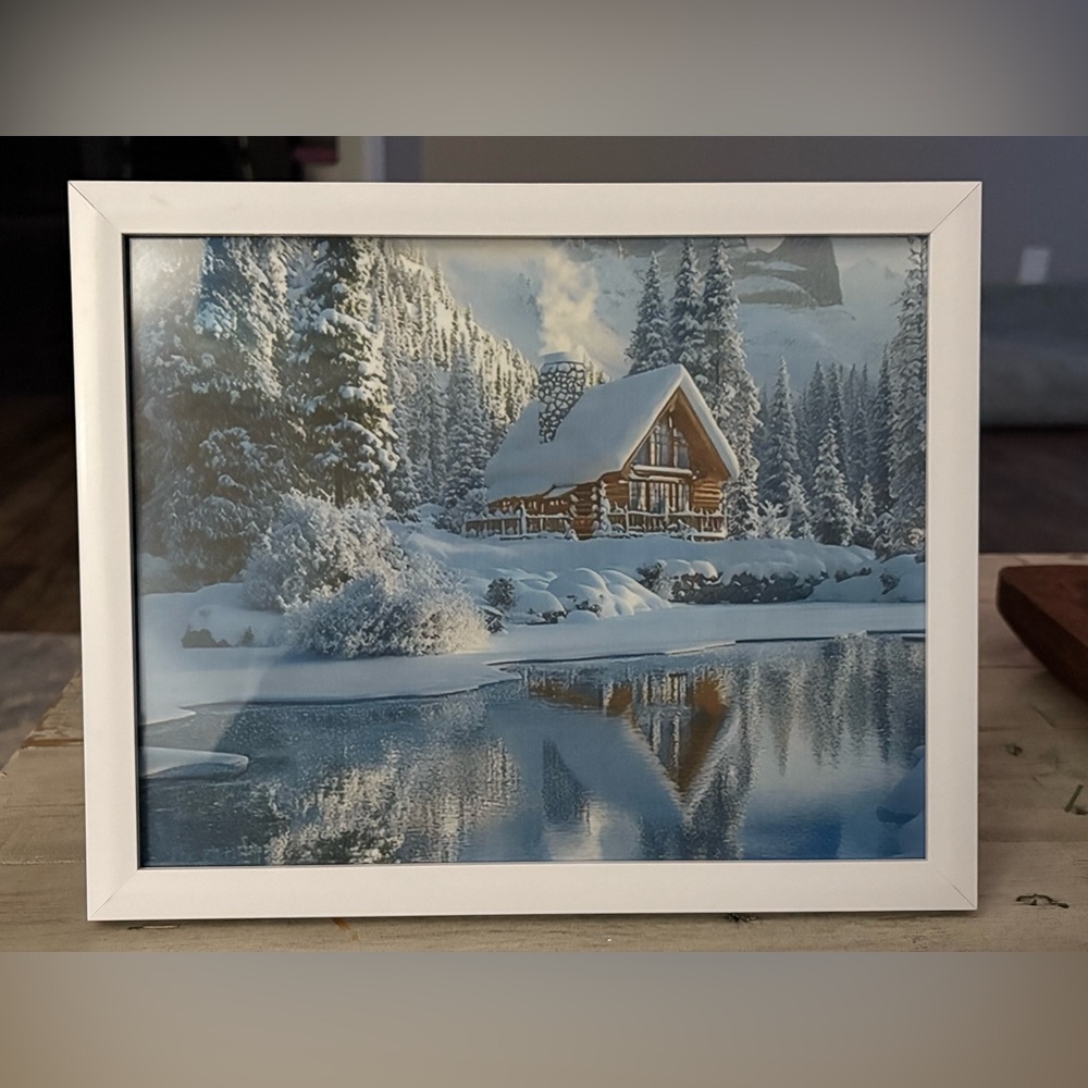 White Framed 8x10” Winter Cabin Art